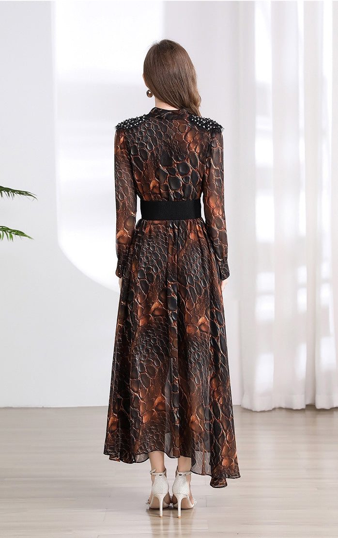 Elegant Serpentine Sheer Maxi Dress - 901487024172_BROWN
