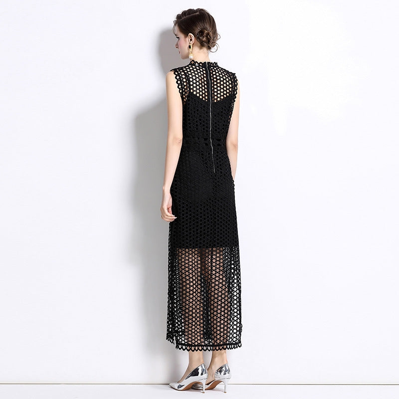 Black Hollow-Out Lace Midi Dress