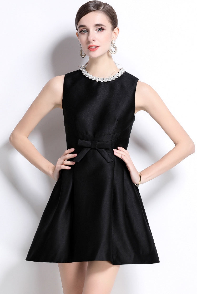 Elegant Pearl-Trimmed Black Mini Dress - 899034048641_BLACK