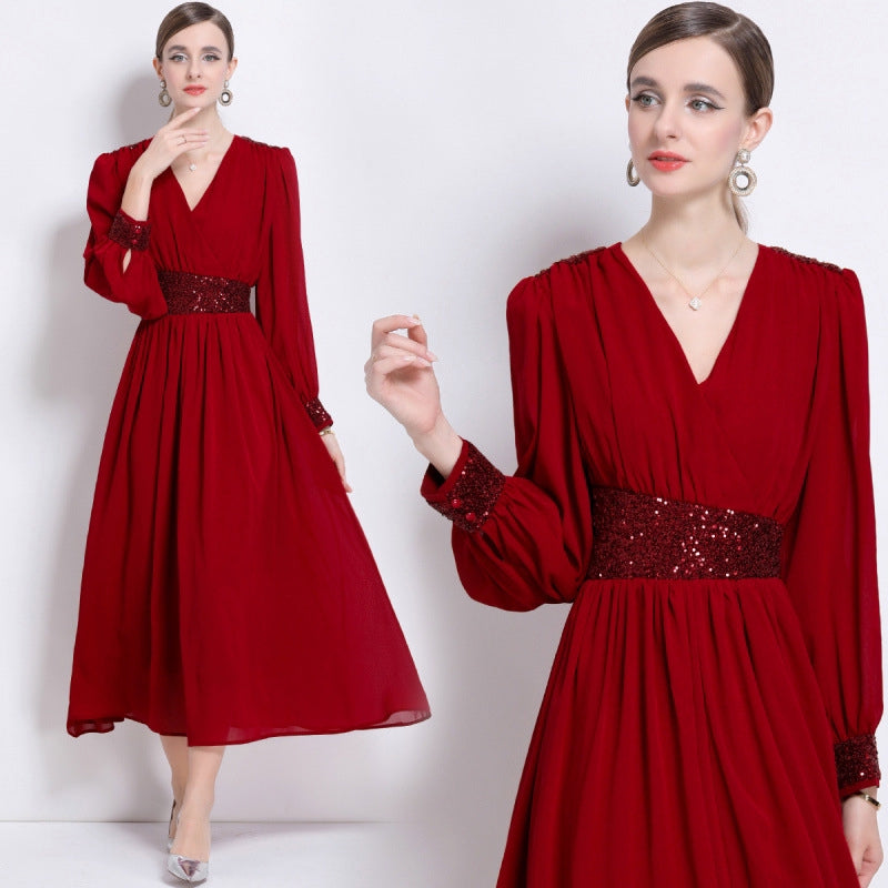 Crimson Elegance Sequin Waist Maxi Dress