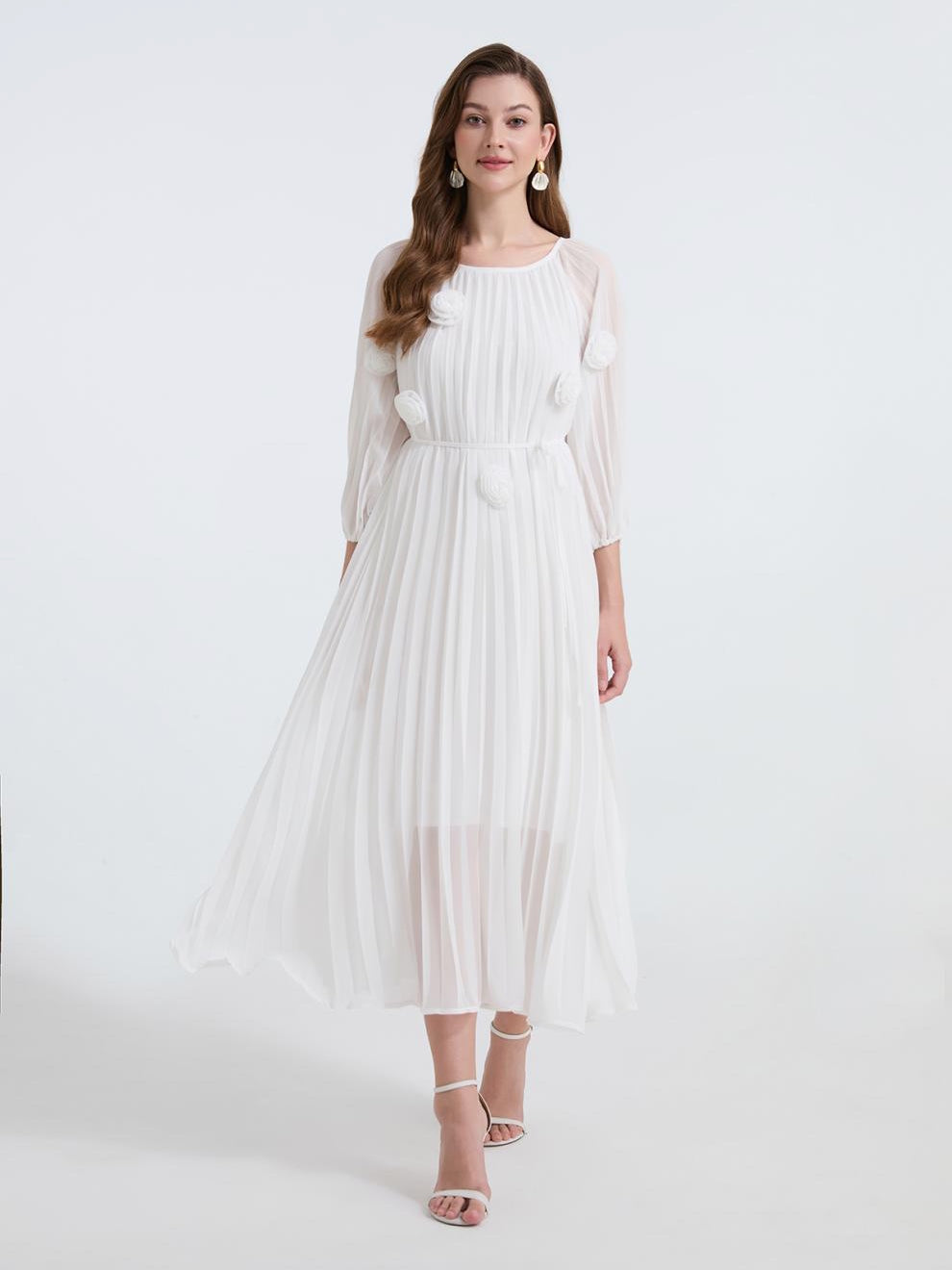 Snow Petal Pleated Chiffon Dress - 906472342218_WHITE