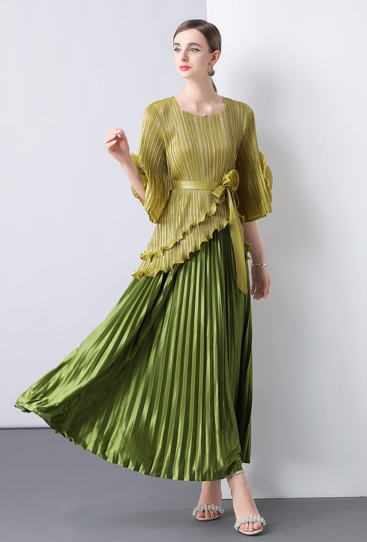 Olive Gold Pleated Peplum Maxi Dress