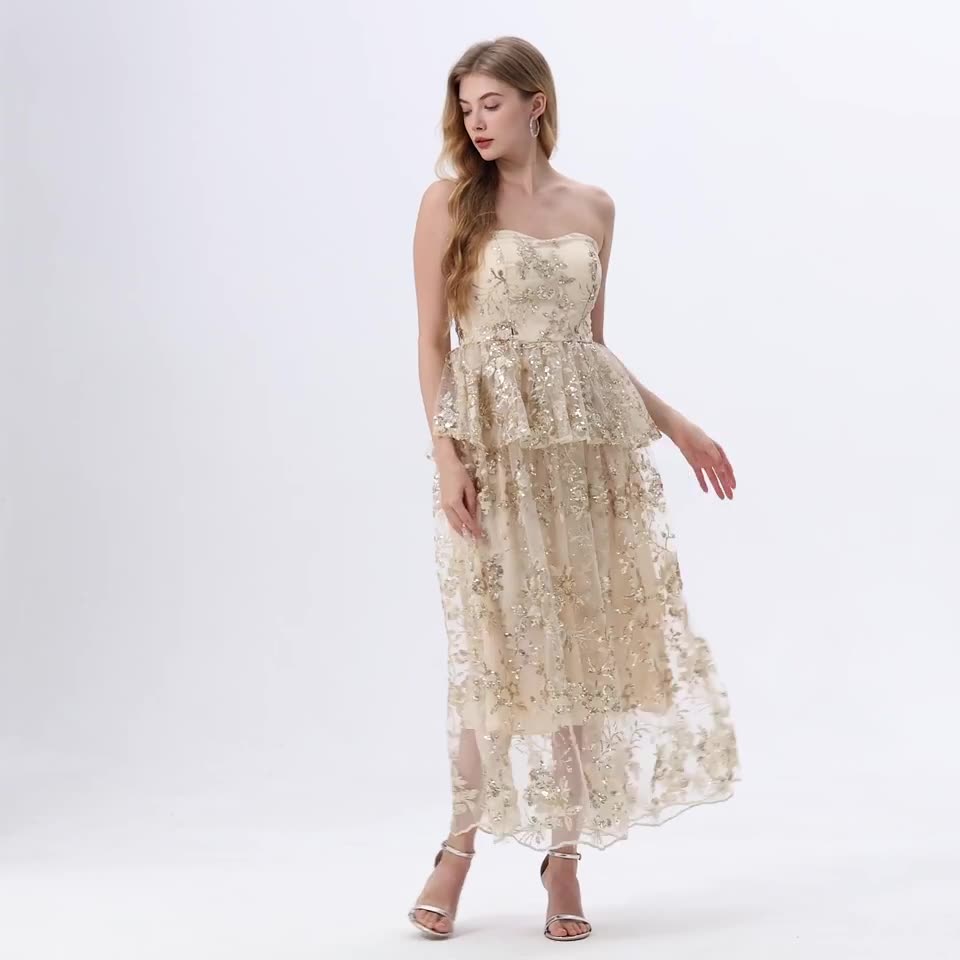 Champagne Gold Floral Sequin Tiered Maxi Dress