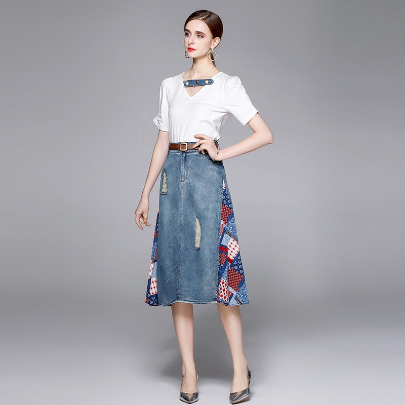 Vintage Patchwork Denim Skirt with White Top