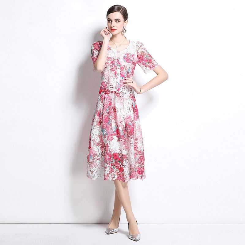 Floral Lace Patchwork Midi  Two Piece Dress