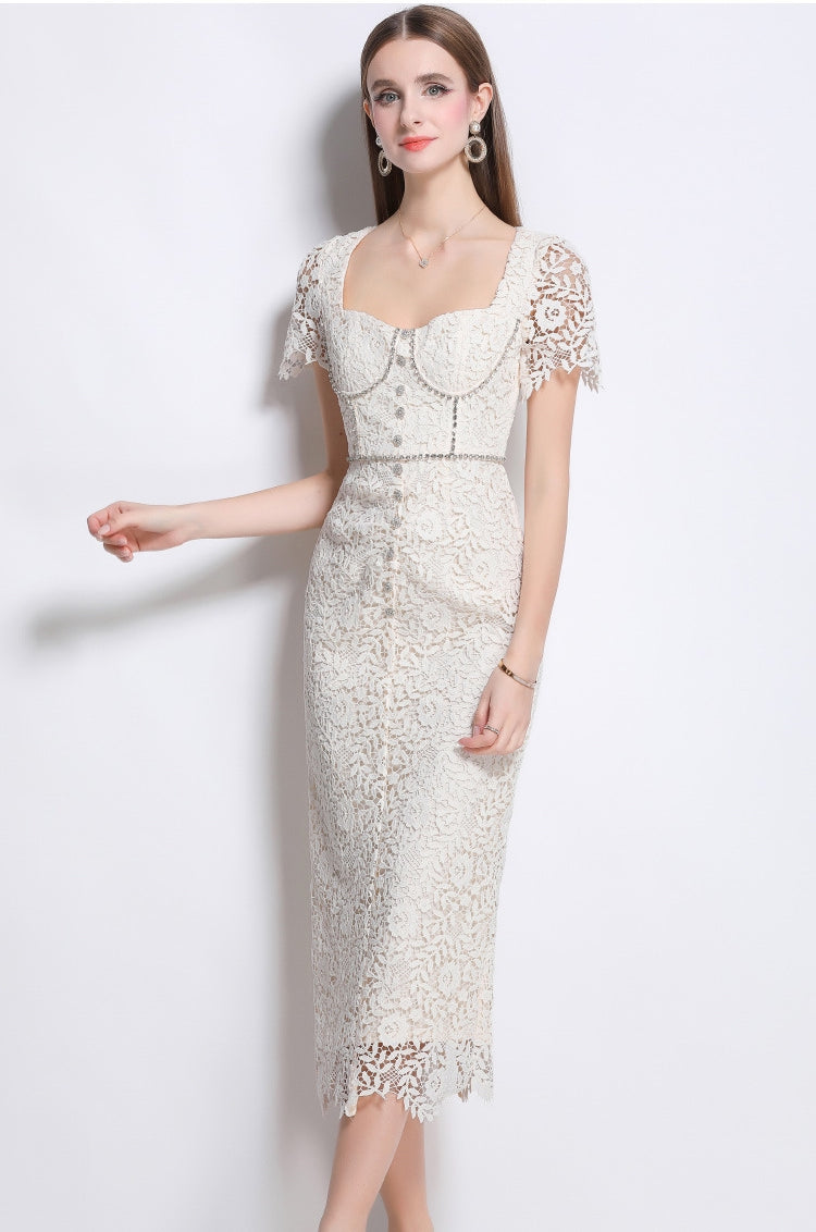 Elegant Lace Pearl-Button Midi Dress - 911152070726_APRICOT