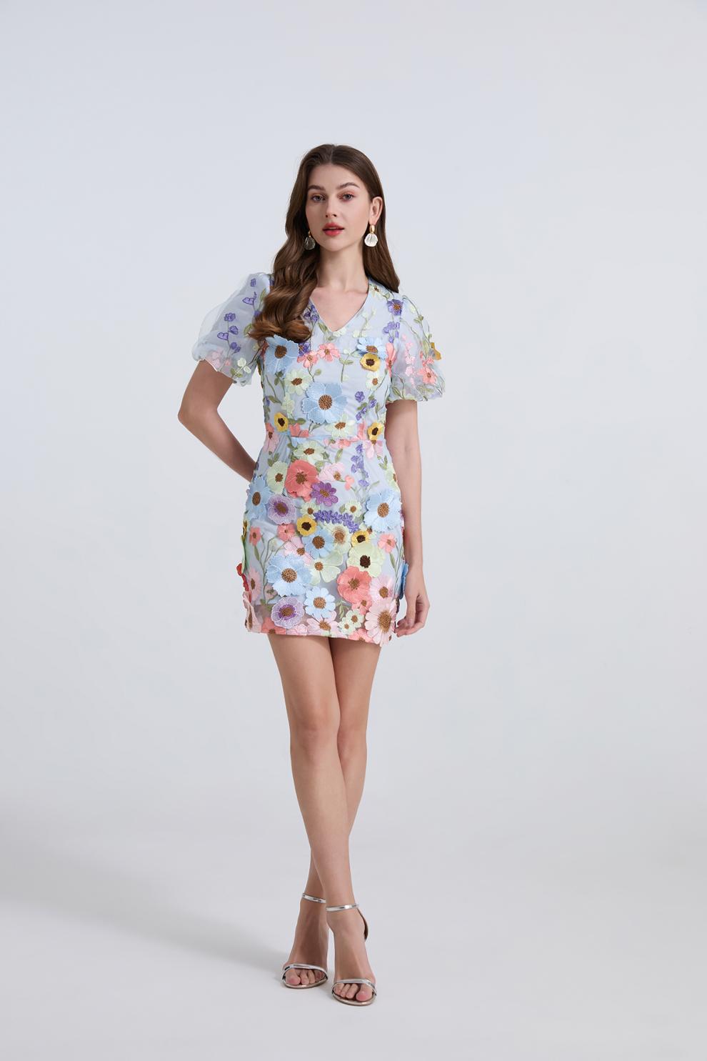 Sky Blue Floral Embroidered Mini Dress