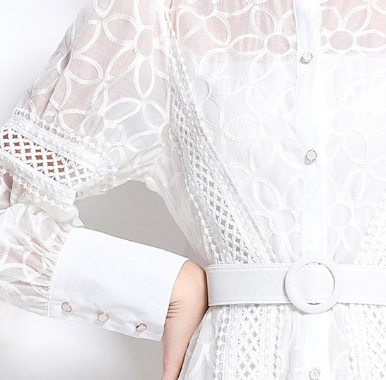 White Lace Belted Midi Dress