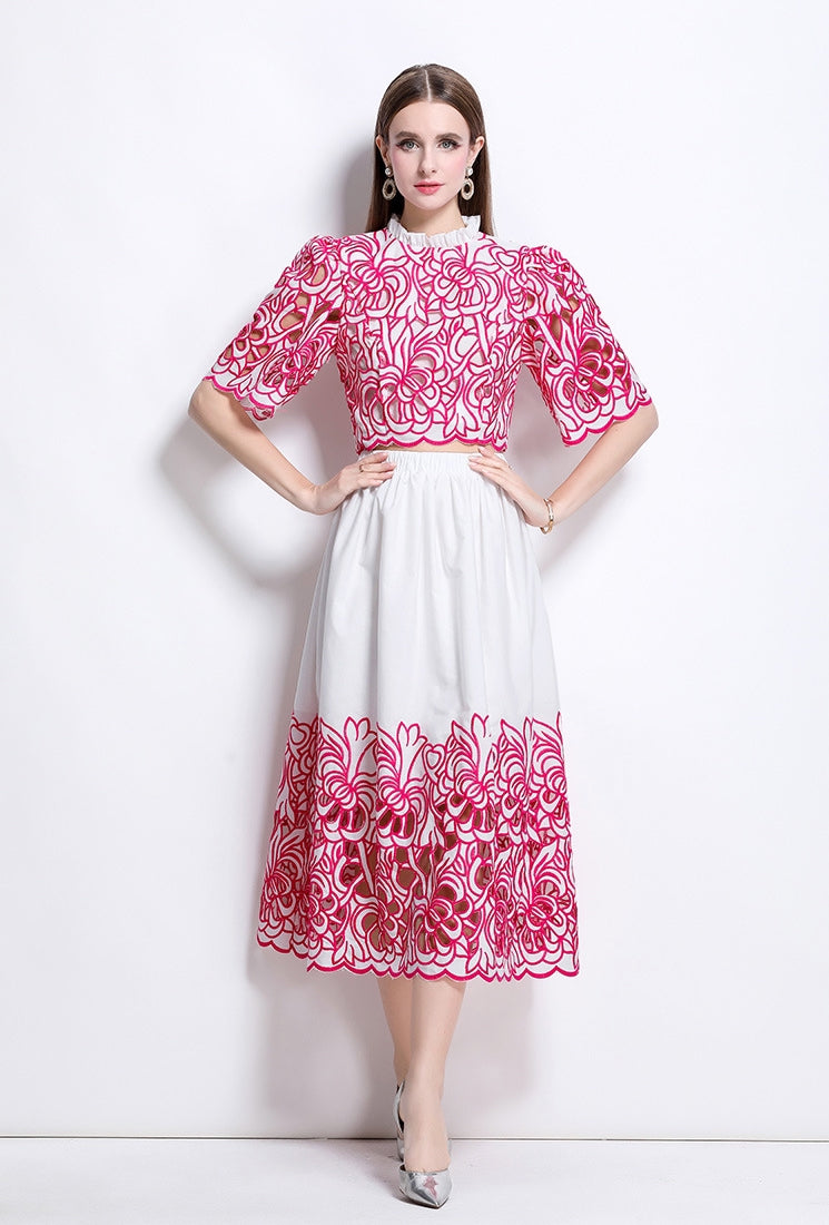 Red Embroidered Cutout Two Piece Dress