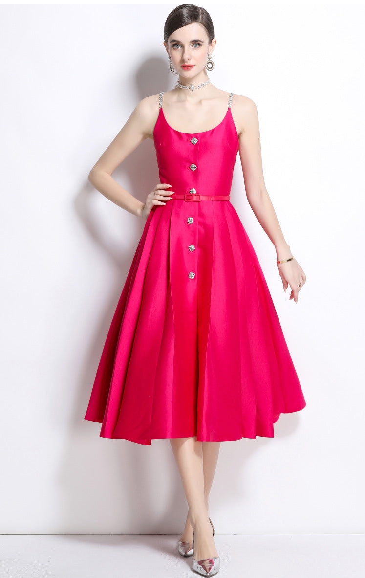 Fuchsia Satin Crystal-Button Midi Dress