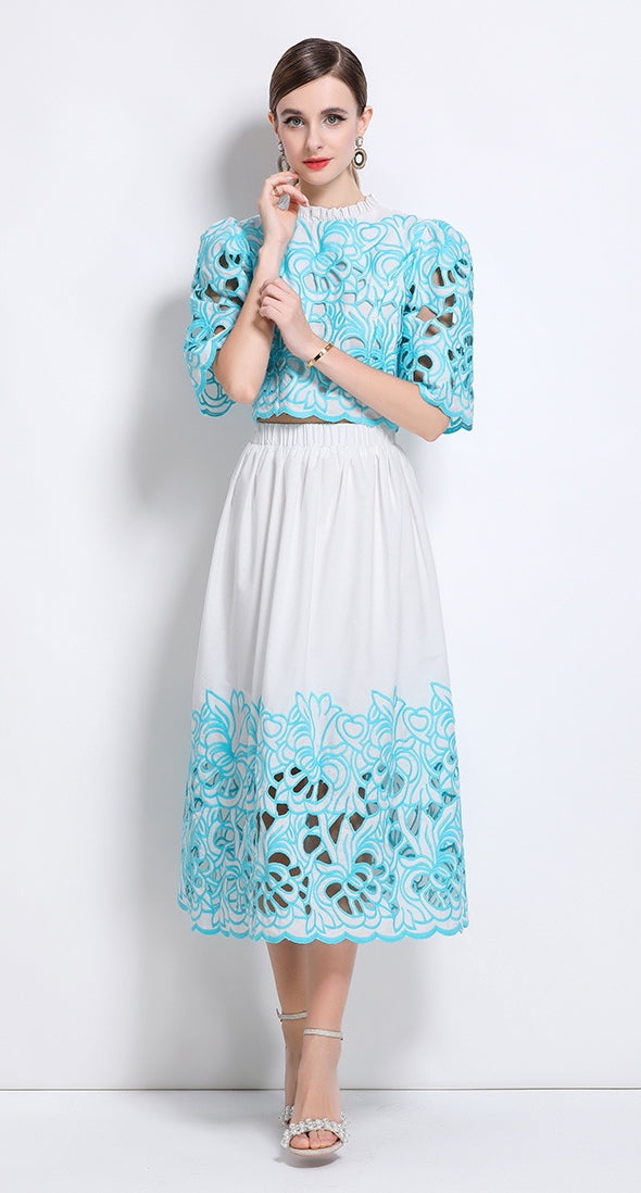 Turquoise Embroidered Lace Two Piece Dress