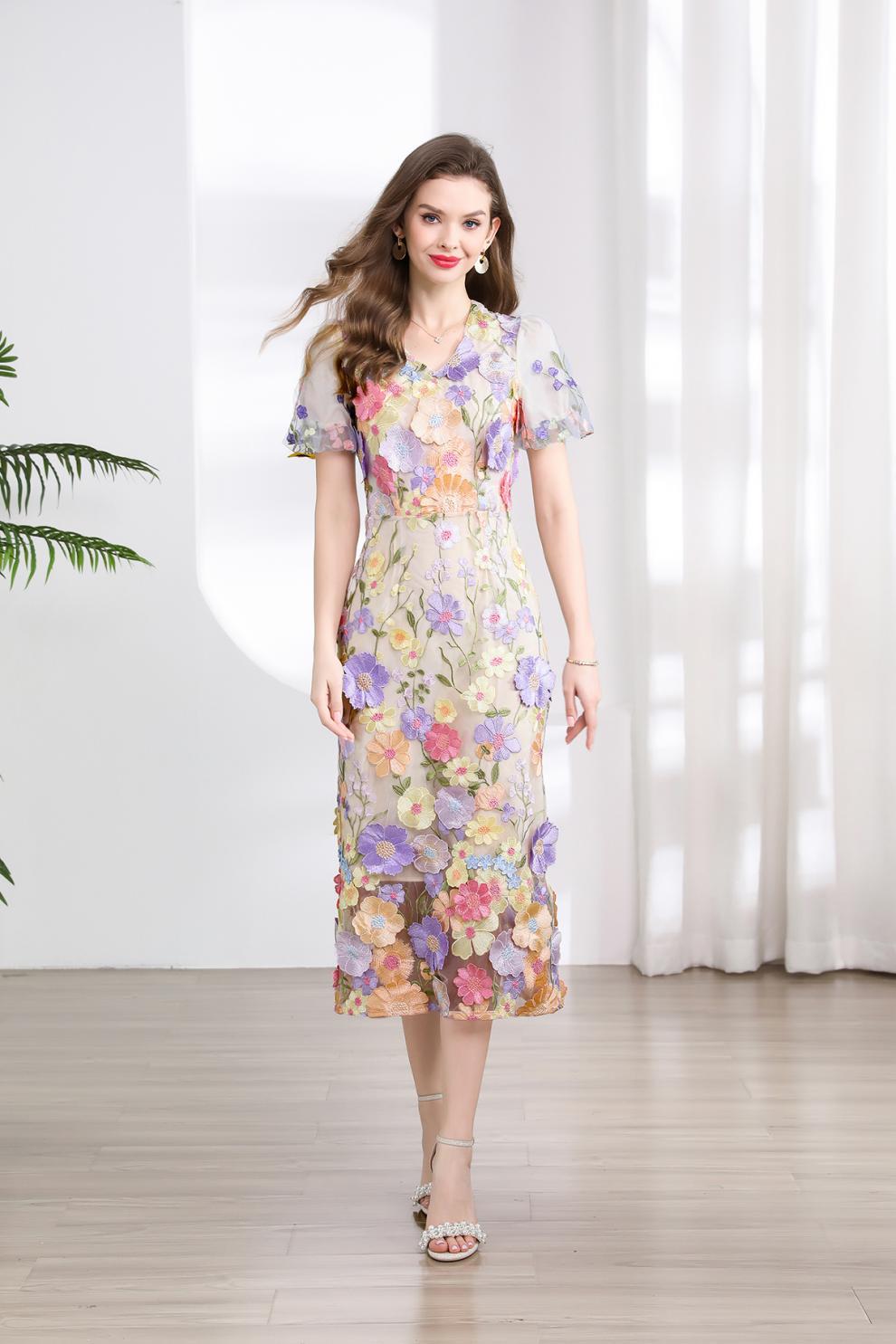 Elegant Floral Embroidered Mesh Midi Dress