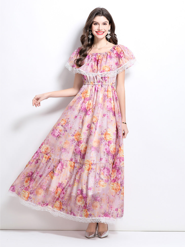 Romantic Floral Lace-Trimmed Maxi Dress