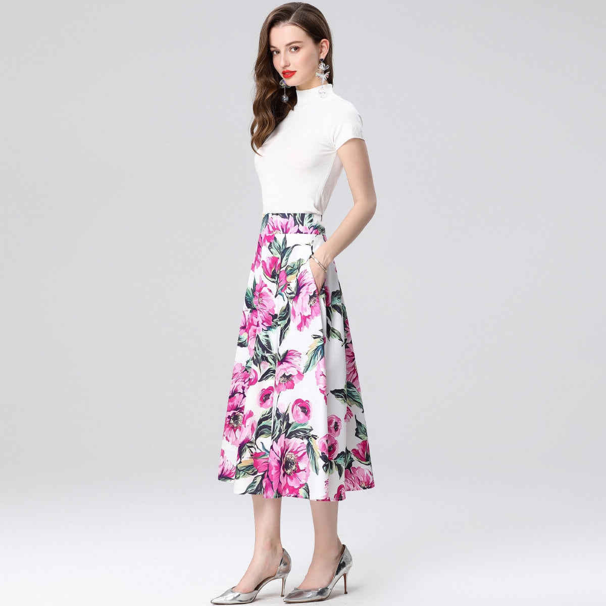 White Floral Midi Skirt Two Piece Set