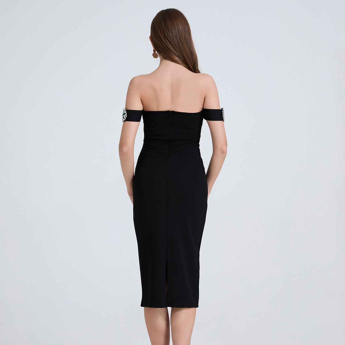 Off-Shoulder Embellished Midi Dress – Black