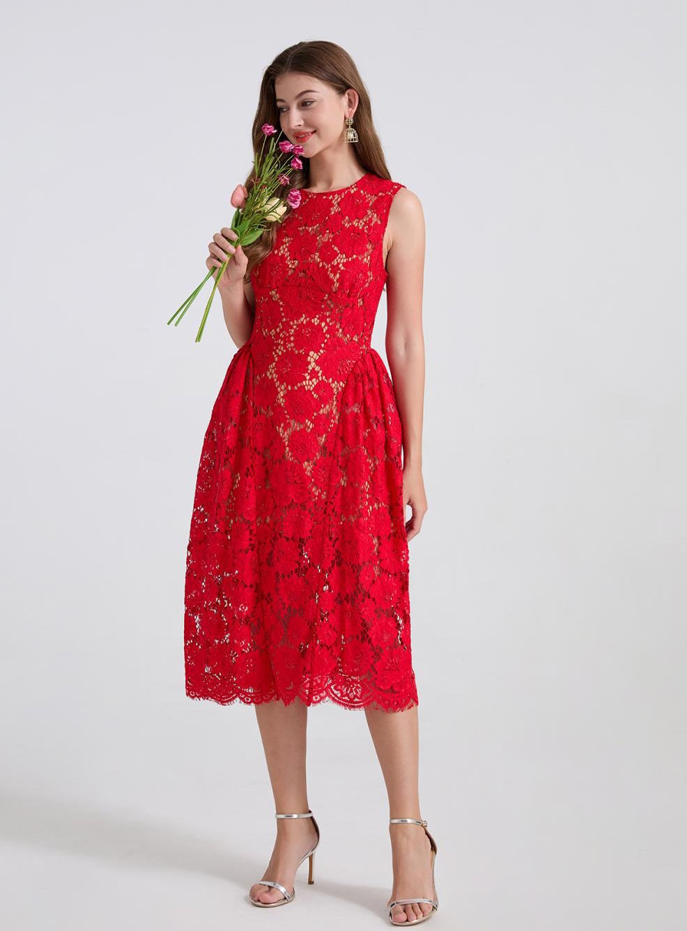 Crimson Bloom Lace Dress