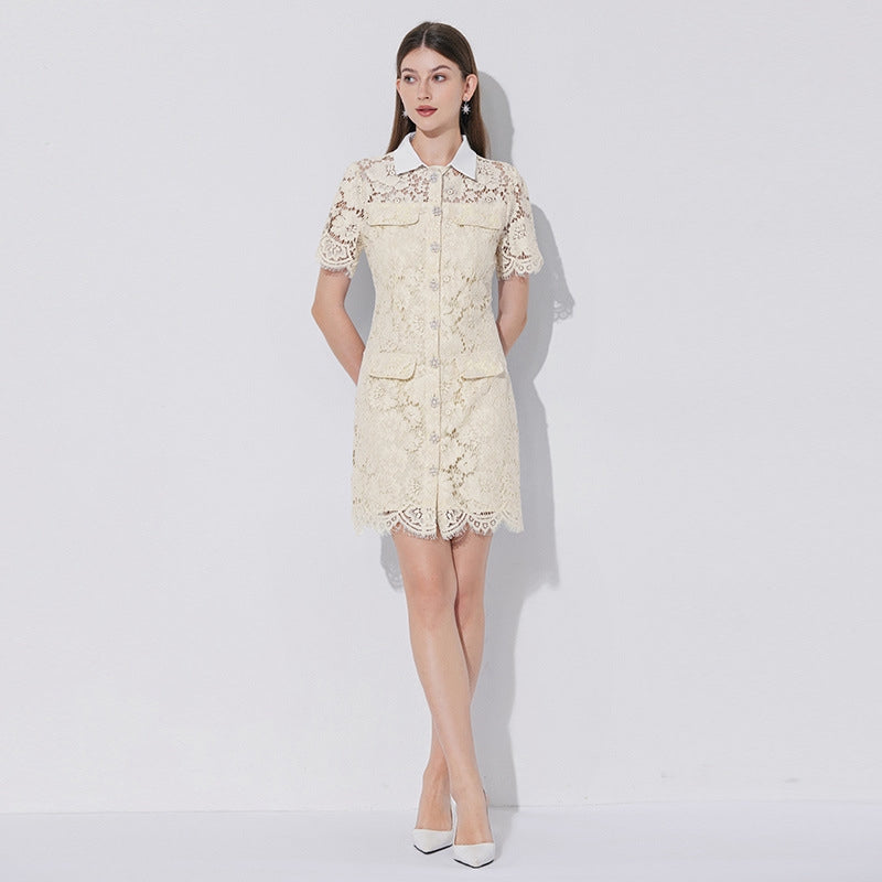 Vanilla Cream Collared Lace Utility Dress - 902176944234_APRICOT