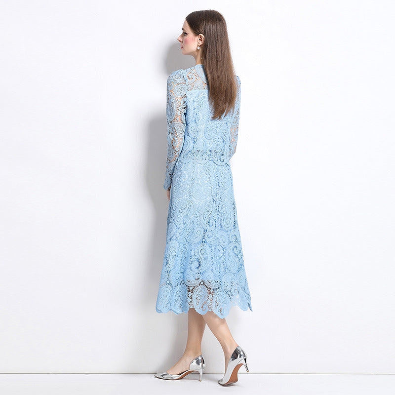 Elegant Long-Sleeve Lace Midi Dress – Sky Blue