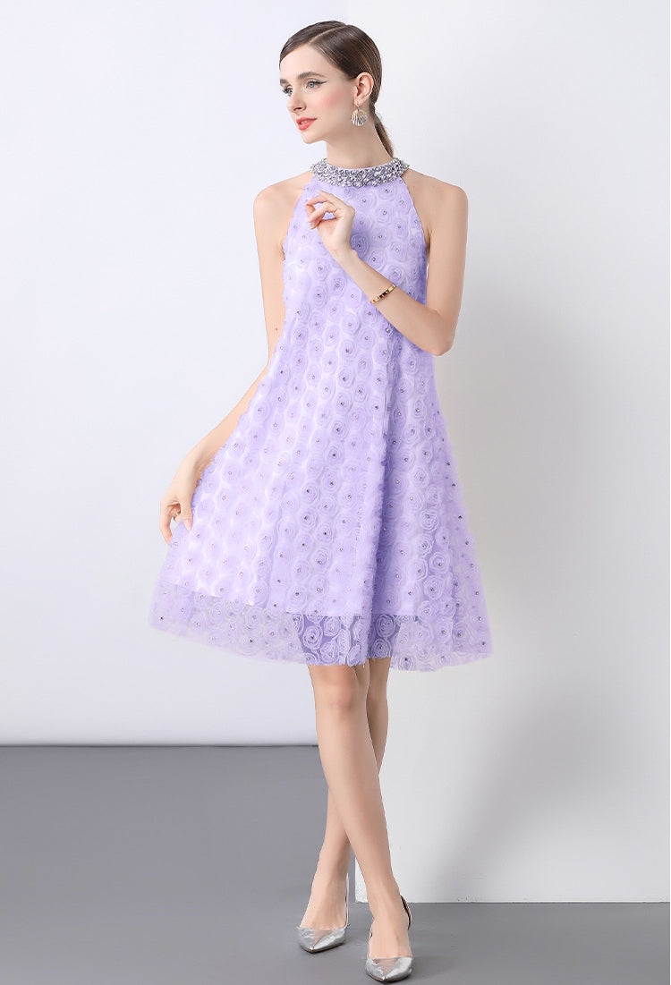 Lavender Bloom Halter Dress with Rosette Lace
