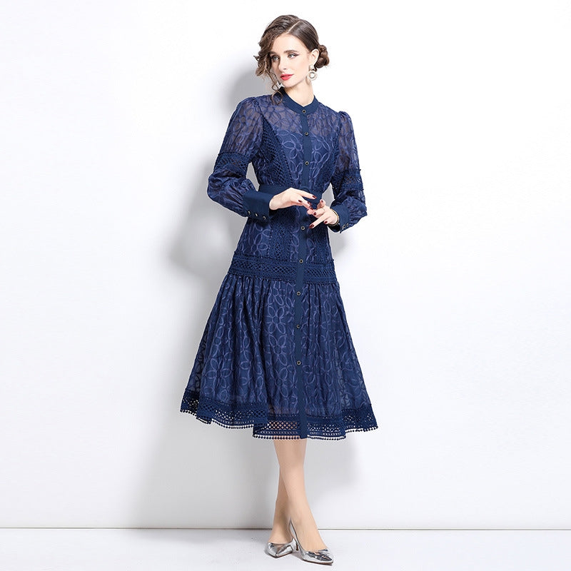 Elegant Navy Blue Lace Midi Dress with Belt