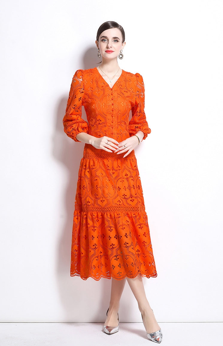 Bold Orange Embroidered Lace Dress
