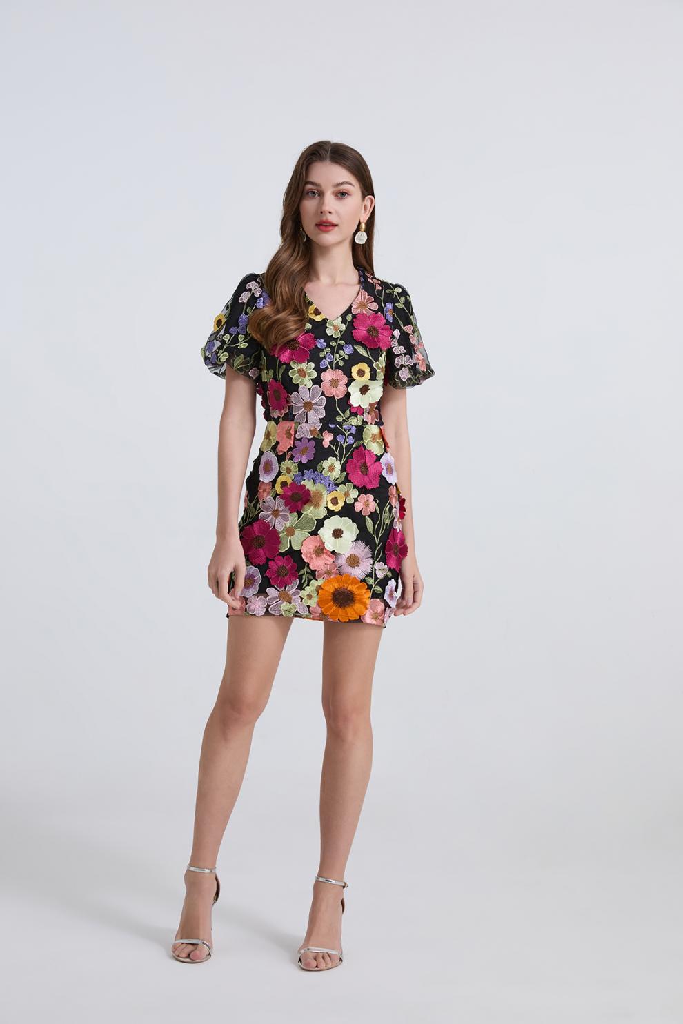Embroidered Floral Mini Dress – Black