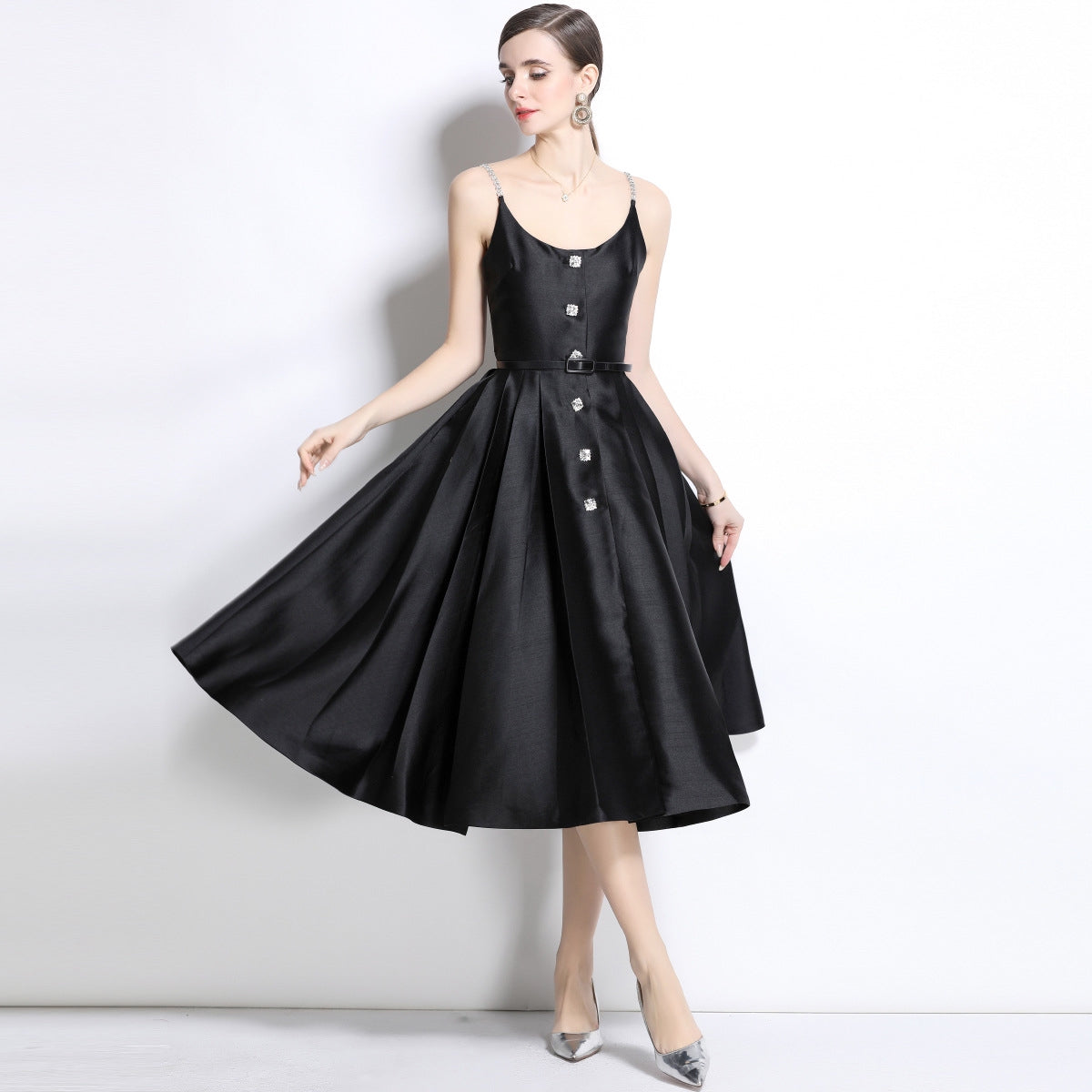 Black Satin Crystal-Button Midi Dress