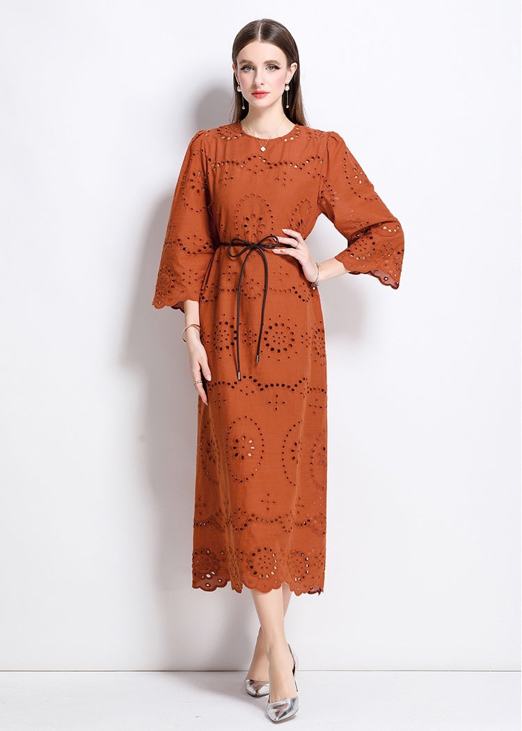 Terracotta Eyelet Midi Dress - 902368523846_BROWN