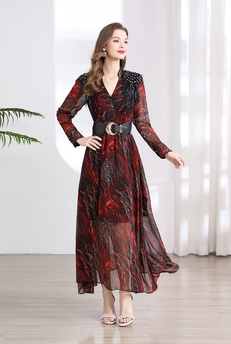Fiery Serpentine Sheer Maxi Dress - 901487024172_CLARET