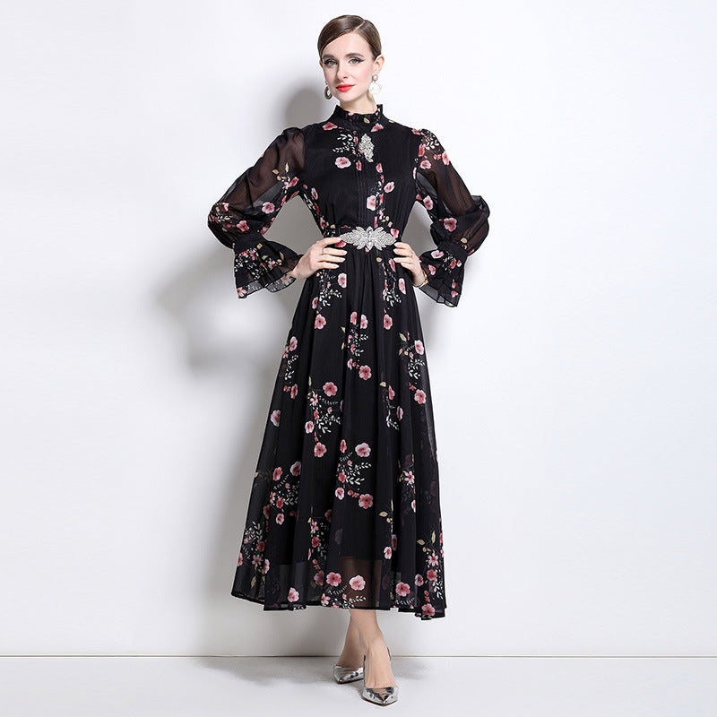 Black Flowy Floral Tiered Chiffon Gown With Belt
