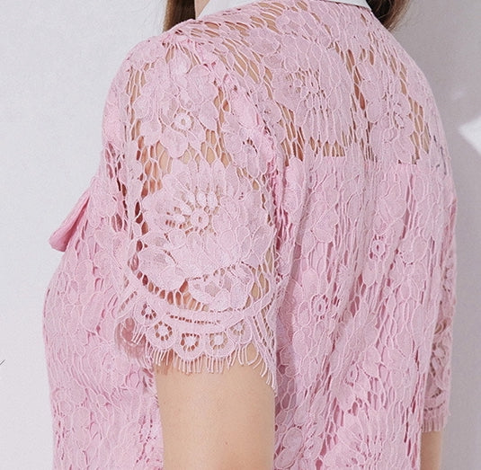 Rosette Charm Collared Lace Shirt Dress - 902173220374_PINK
