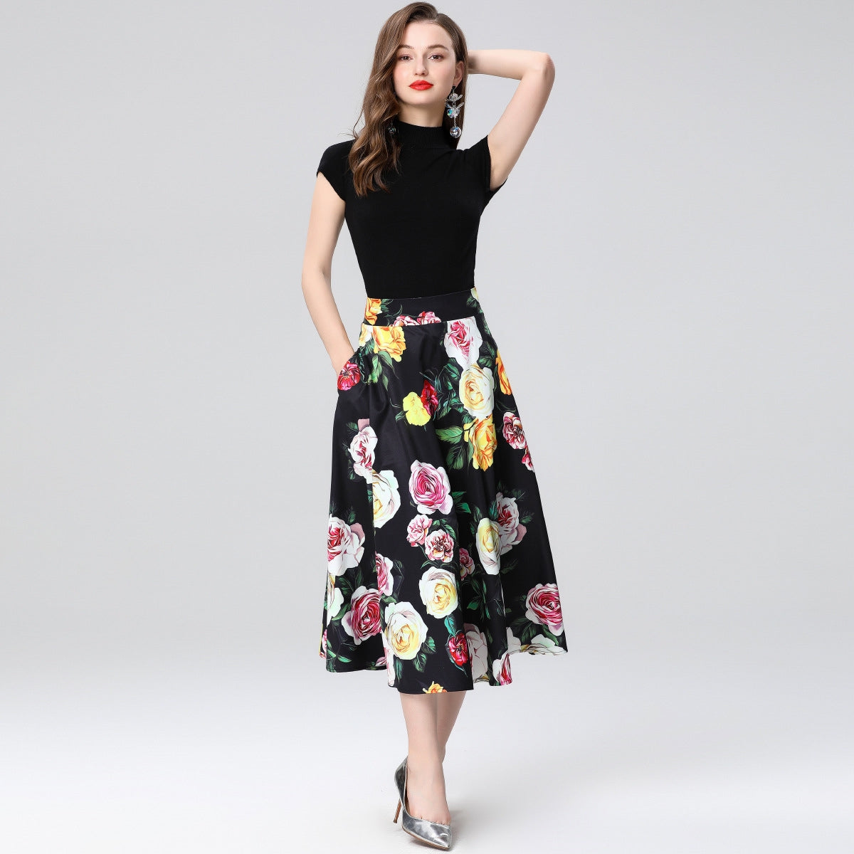 Elegant Rose Print Midi Skirt Two Piece Set
