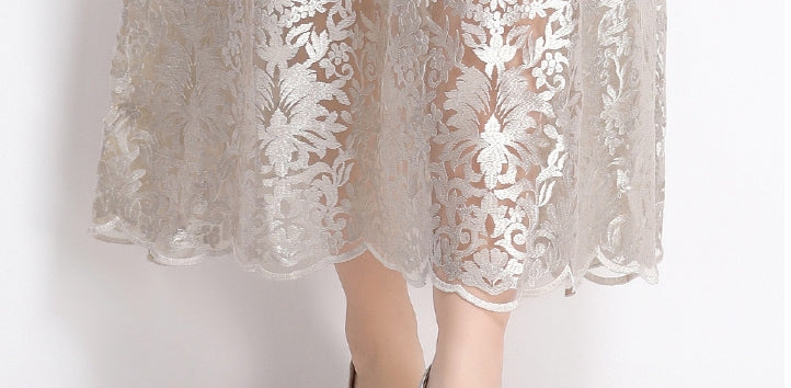 Luxe Embroidered Lace Midi Dress with Belt - 901024775521_APRICOT