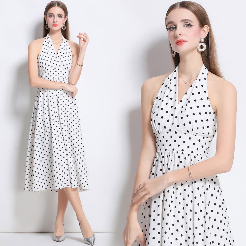 Classic Charm White Polka Dot Halter Dress - 902653054769_WHITE