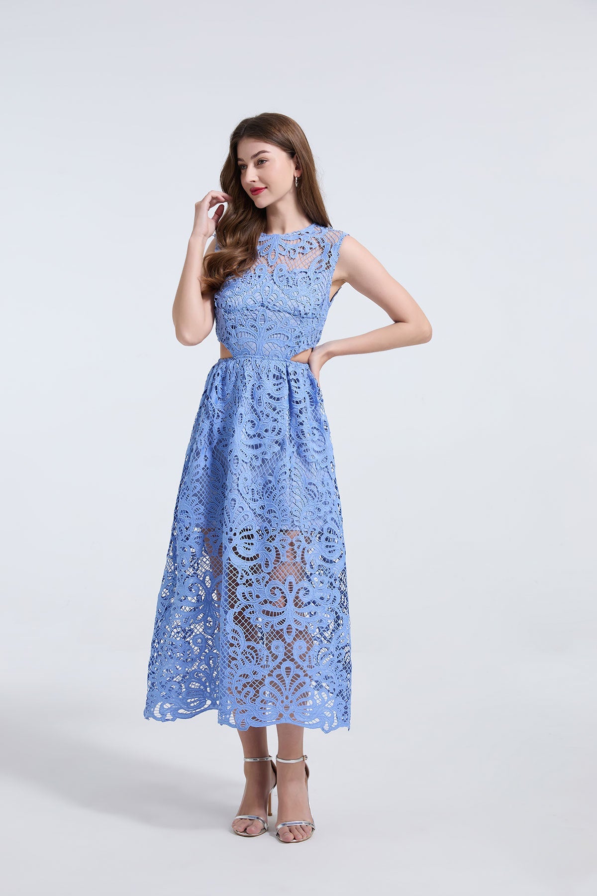 Elegant Sky Blue Lace Midi Dress