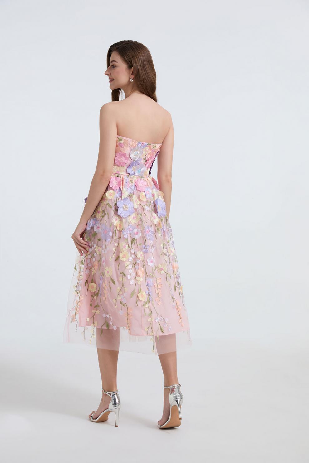 Petal Whisper Strapless Embroidered Dress - 912071976607_PINK