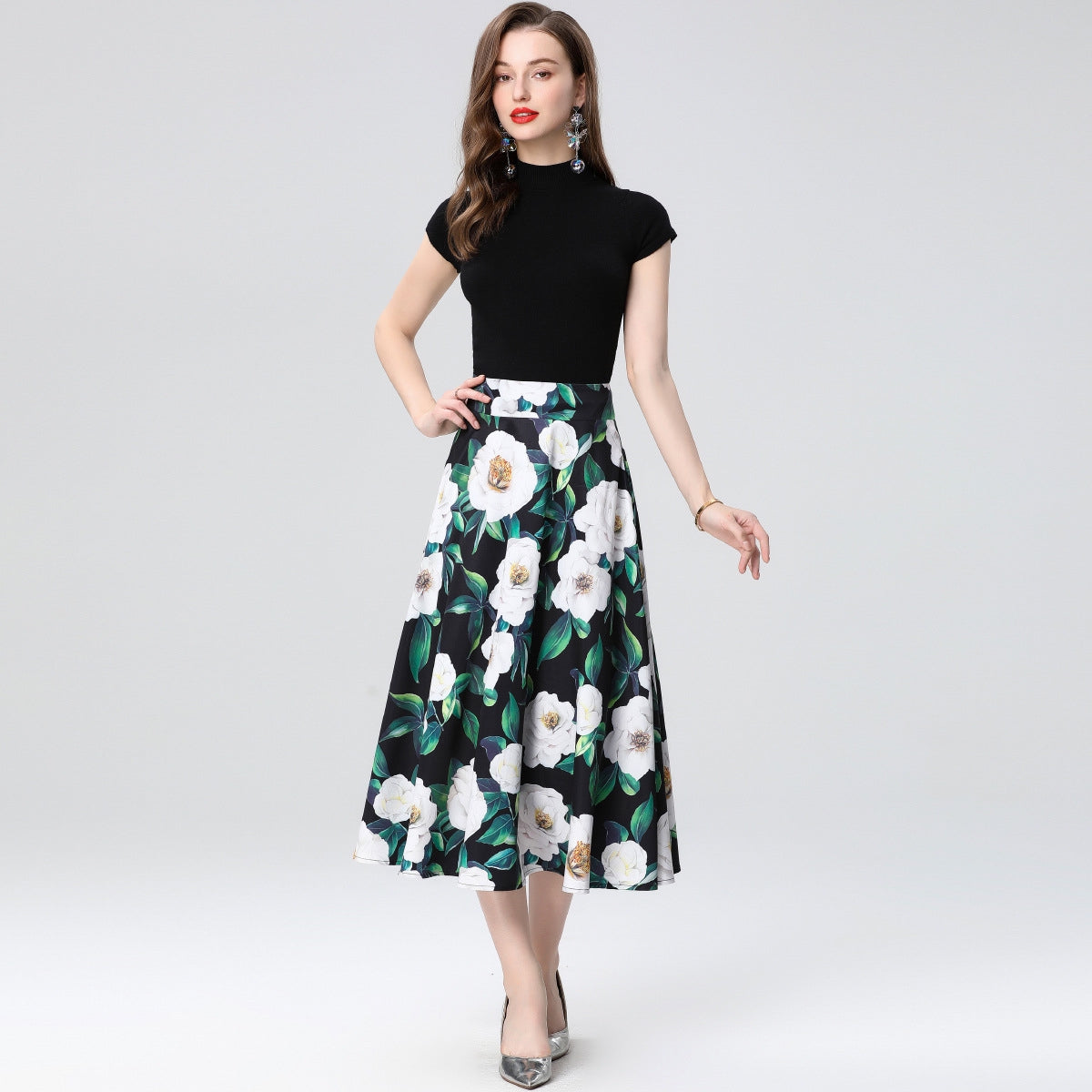 Elegant White Floral Midi Skirt Two Piece Set