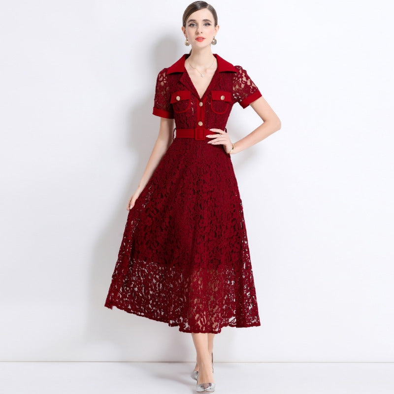 Burgundy Lace Military Midi Dress