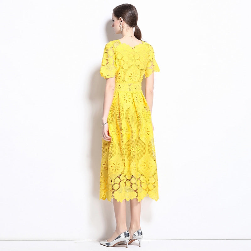 Vibrant Yellow Lace Midi Dress