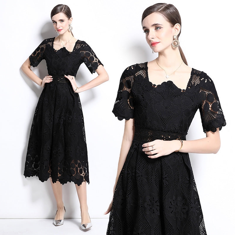Elegant Black Lace Midi Dress