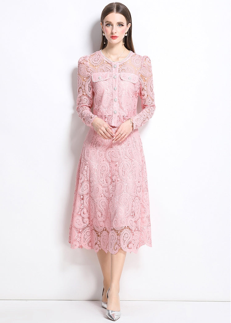 Elegant Long-Sleeve Lace Midi Dress – Blush Pink