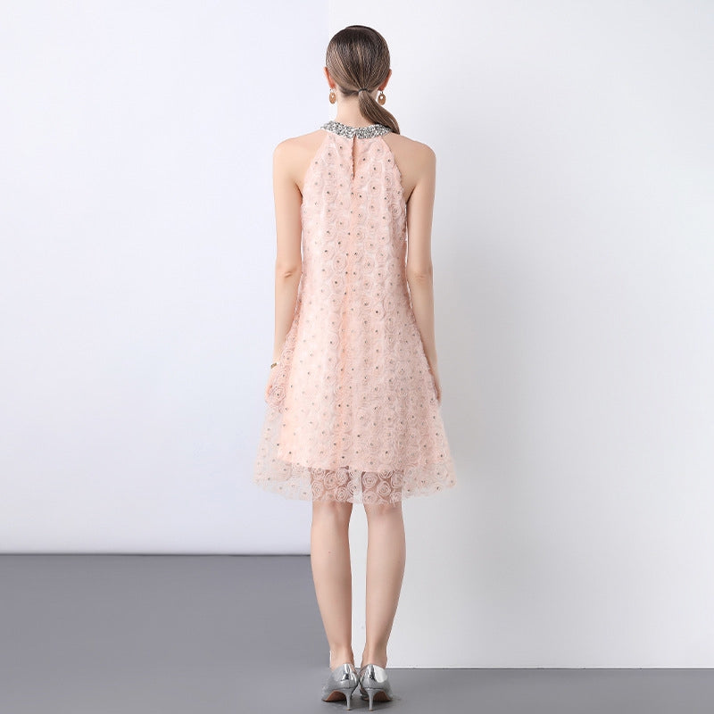 Blush Rosette Halter Dress with Pearl Belt