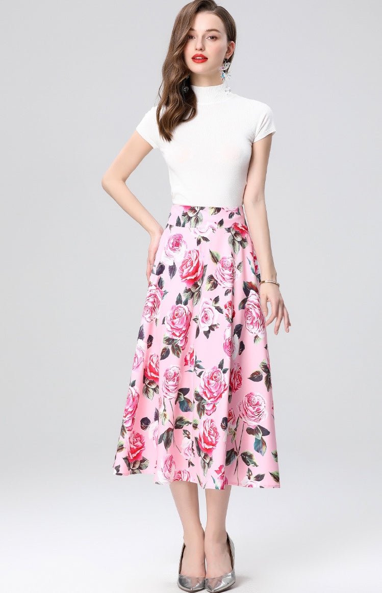 Pink Floral Midi Skirt Two Piece Set