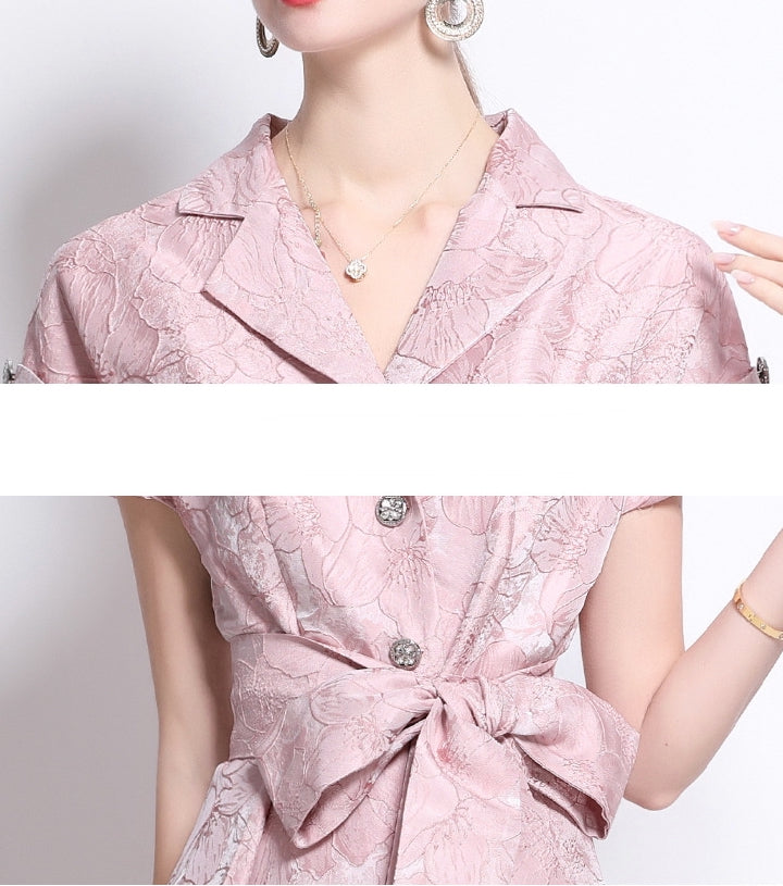 Elegant Rose Brocade Midi Dress - 913663767470_PINK