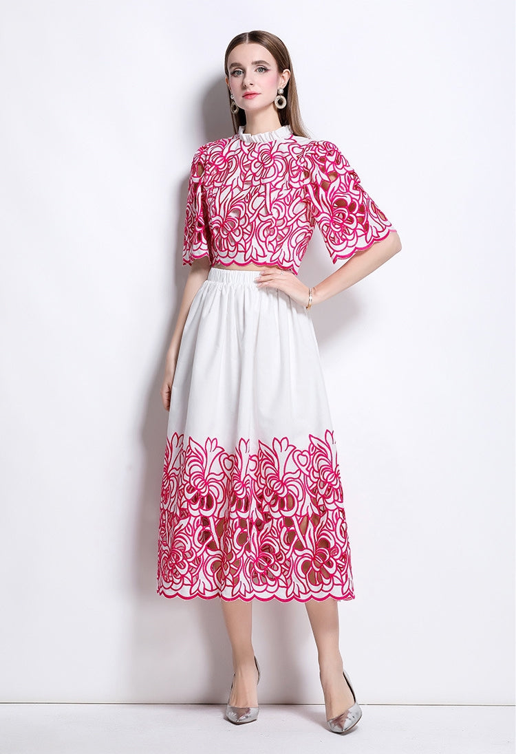 Red Embroidered Cutout Two Piece Dress