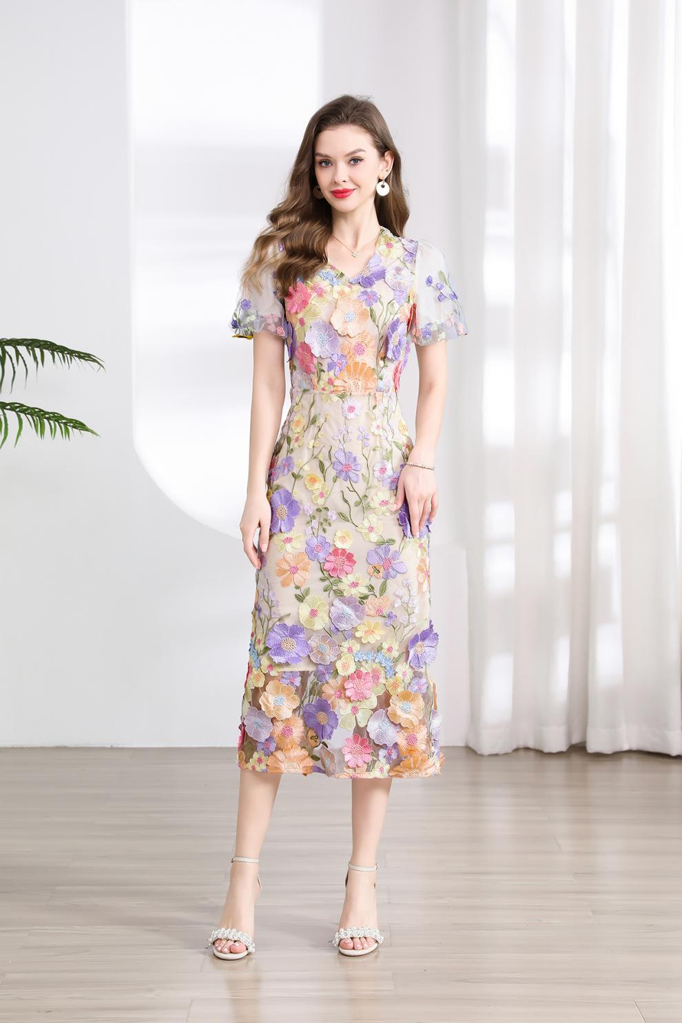 Elegant Floral Embroidered Mesh Midi Dress