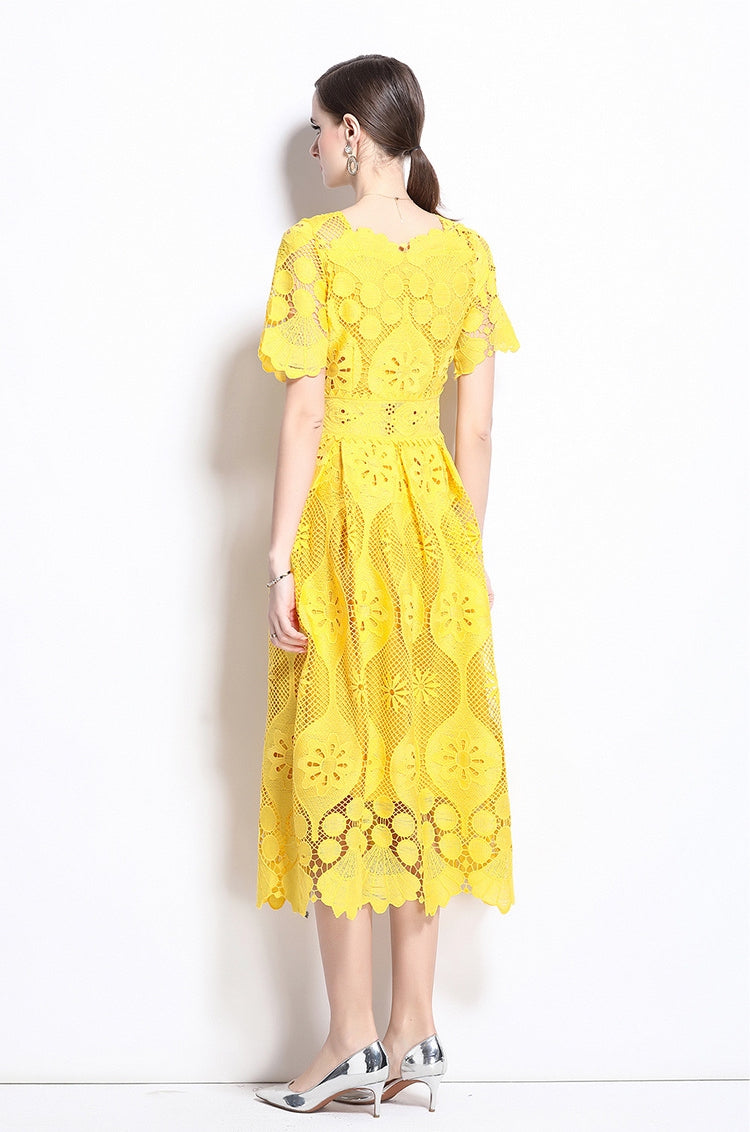 Vibrant Yellow Lace Midi Dress