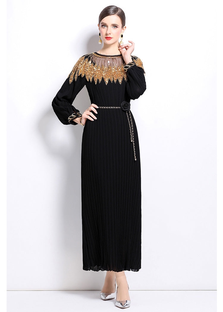 Elegant Black Maxi Dress with Gold Embellishments