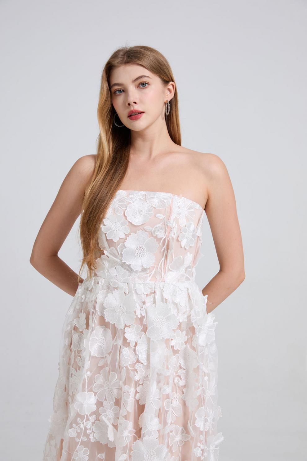 Blossom Veil Strapless White Embroidered Dress - 912071976607_WHITE