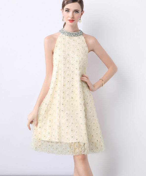Champagne Rosette Halter Dress